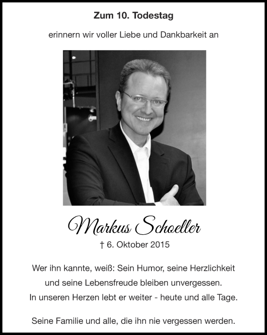 Traueranzeige von Markus Schoeller von Zeitung am Sonntag