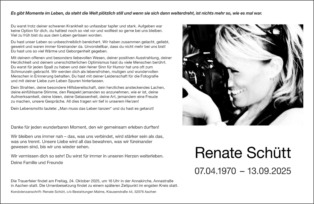  Traueranzeige für Renate Schütt vom 11.10.2025 aus Aachener Zeitung