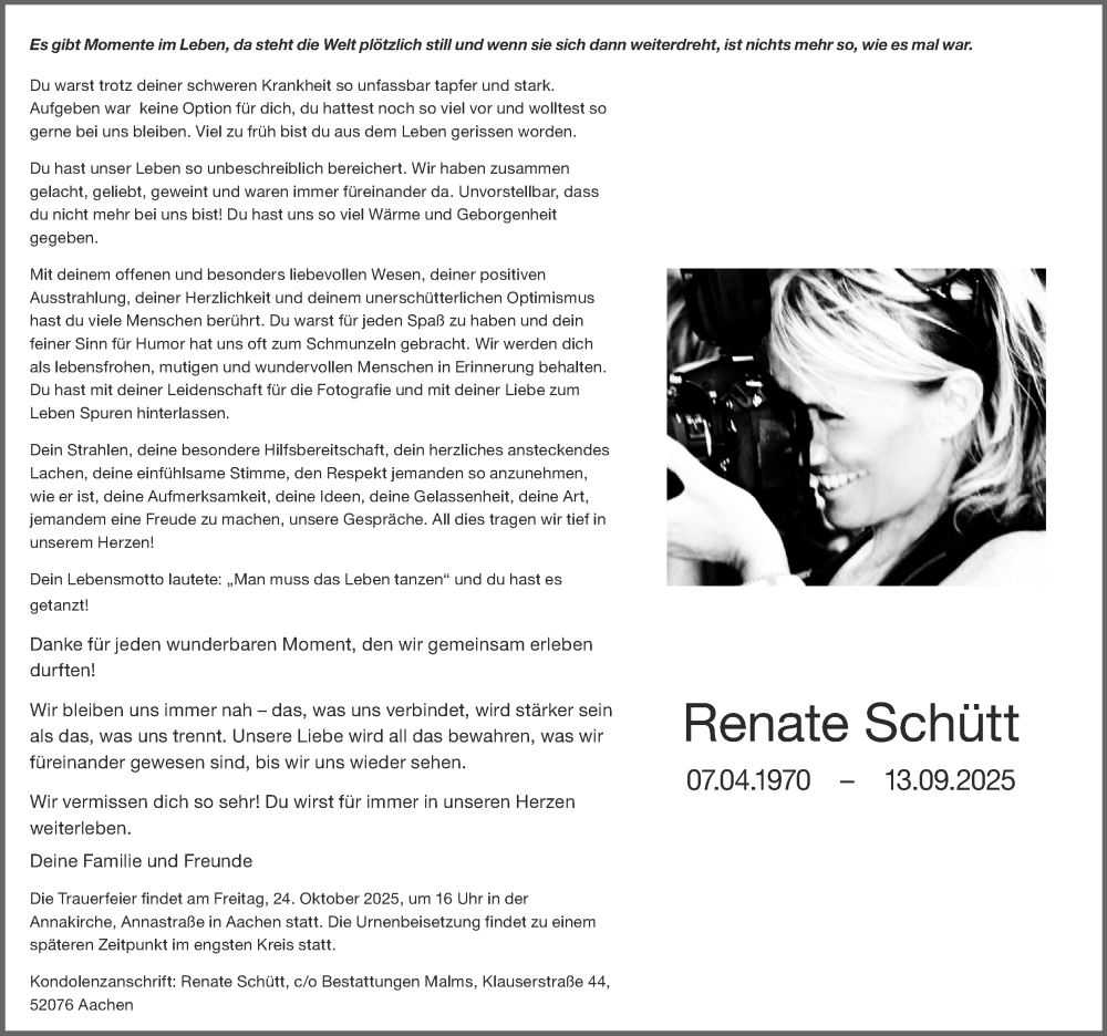  Traueranzeige für Renate Schütt vom 19.10.2025 aus Zeitung am Sonntag