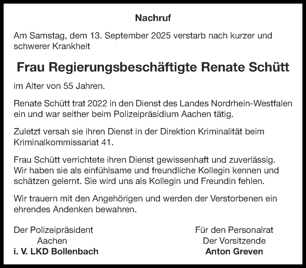  Traueranzeige für Renate Schütt vom 18.10.2025 aus Aachener Zeitung