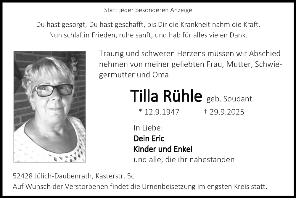  Traueranzeige für Tilla Rühle vom 05.10.2025 aus Zeitung am Sonntag