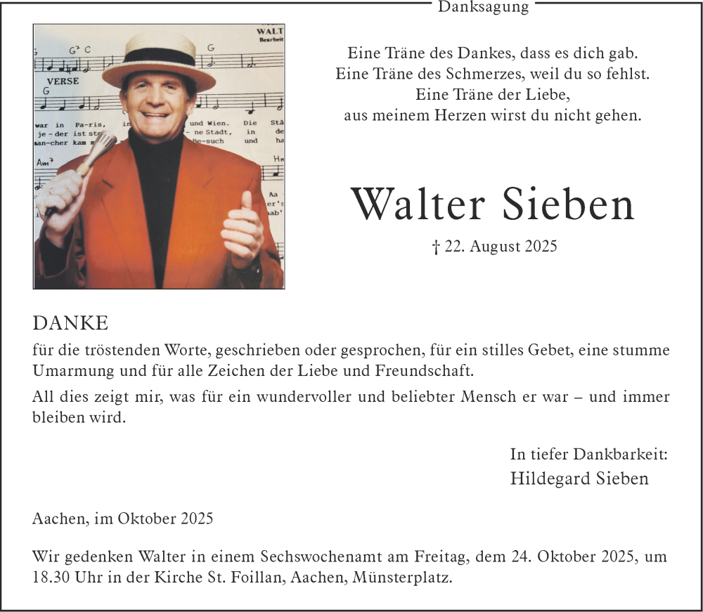  Traueranzeige für Walter Sieben vom 18.10.2025 aus Aachener Zeitung