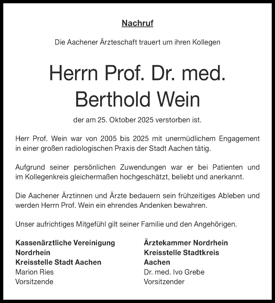  Traueranzeige für Berthold Wein vom 22.11.2025 aus Aachener Zeitung
