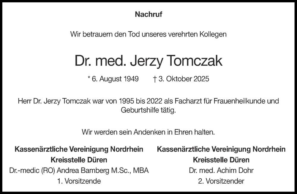  Traueranzeige für Jerzy Tomczak vom 08.11.2025 aus Aachener Zeitung