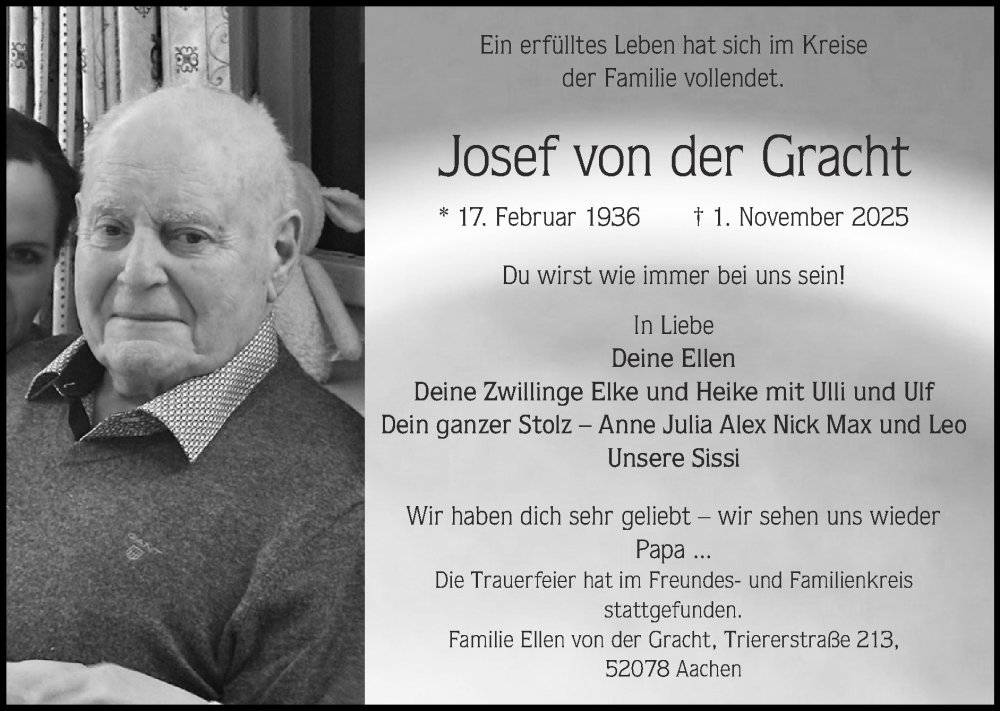  Traueranzeige für Josef von der Gracht vom 09.11.2025 aus Zeitung am Sonntag