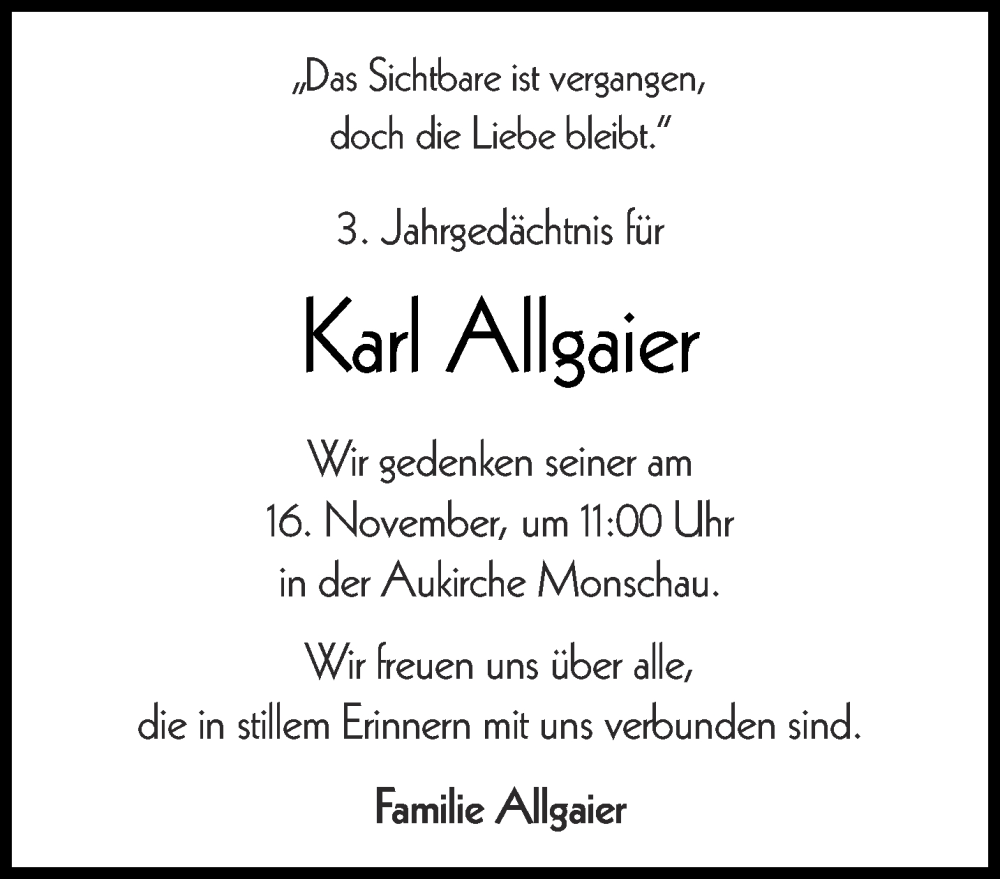  Traueranzeige für Karl Allgaier vom 08.11.2025 aus Aachener Zeitung