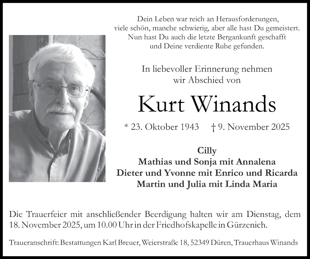  Traueranzeige für Kurt Winands vom 16.11.2025 aus Zeitung am Sonntag