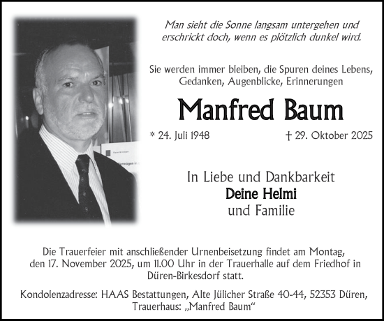 Traueranzeige von Manfred Baum von Zeitung am Sonntag