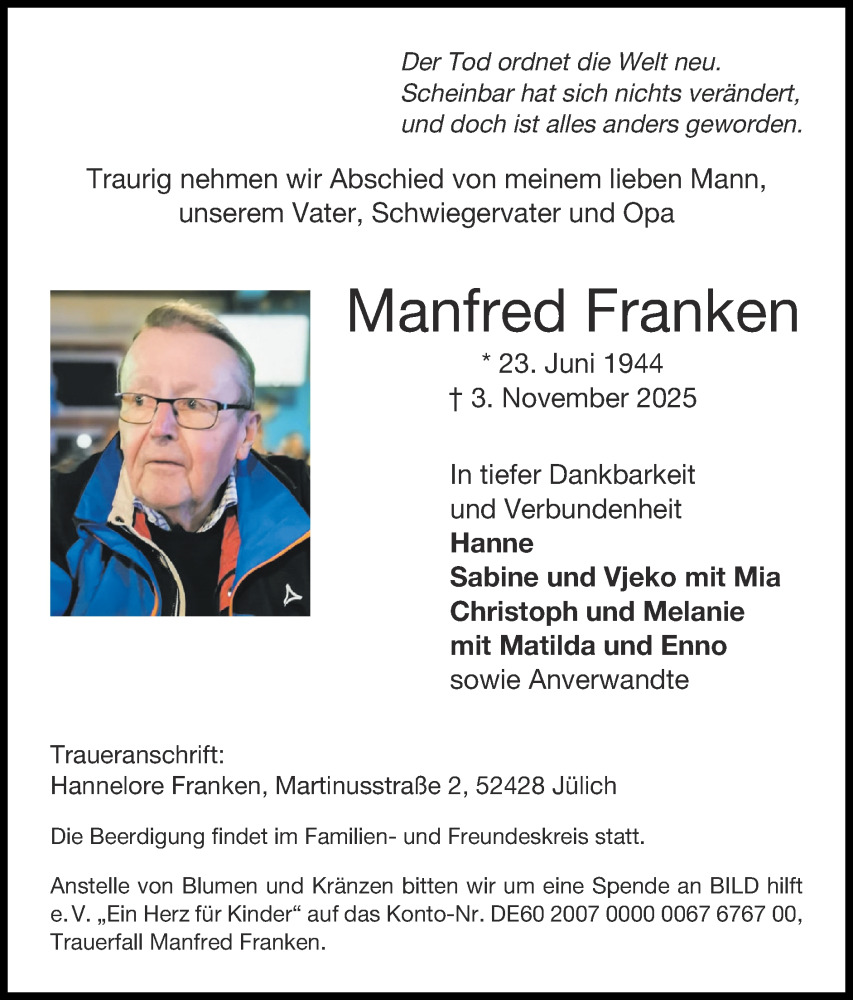  Traueranzeige für Manfred Franken vom 09.11.2025 aus Zeitung am Sonntag