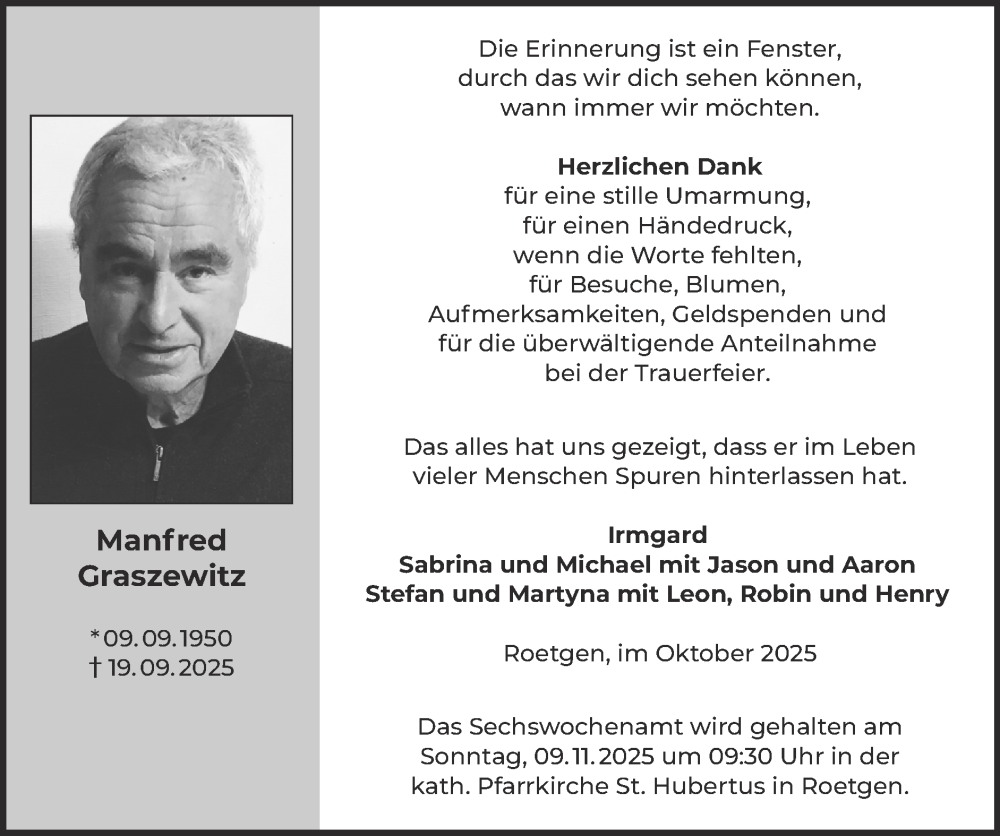  Traueranzeige für Manfred Graszewitz vom 02.11.2025 aus Zeitung am Sonntag