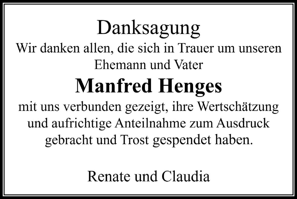  Traueranzeige für Manfred Henges vom 16.11.2025 aus Zeitung am Sonntag