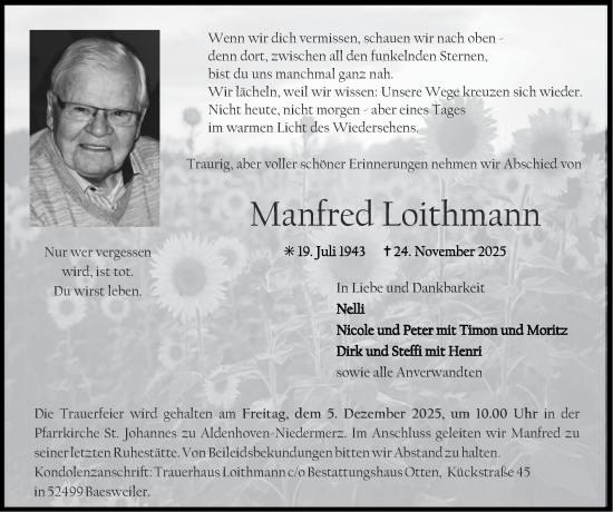 Traueranzeige von Manfred Loithmann von Zeitung am Sonntag