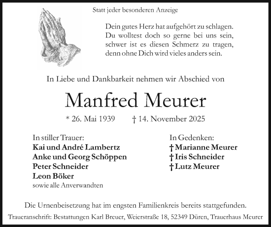 Traueranzeige von Manfred Meurer von Zeitung am Sonntag