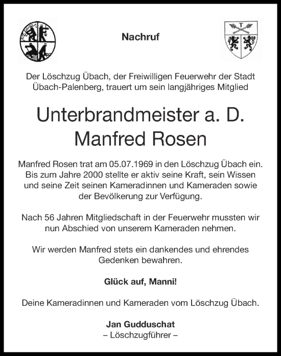 Traueranzeige von Manfred Rosen von Zeitung am Sonntag