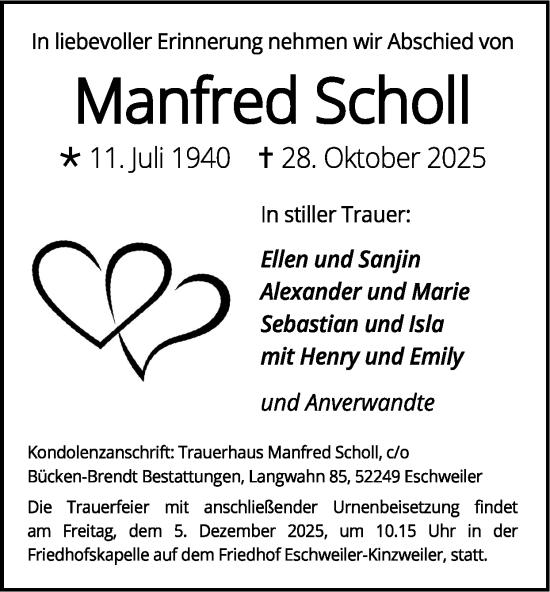 Traueranzeige von Manfred Scholl von Zeitung am Sonntag