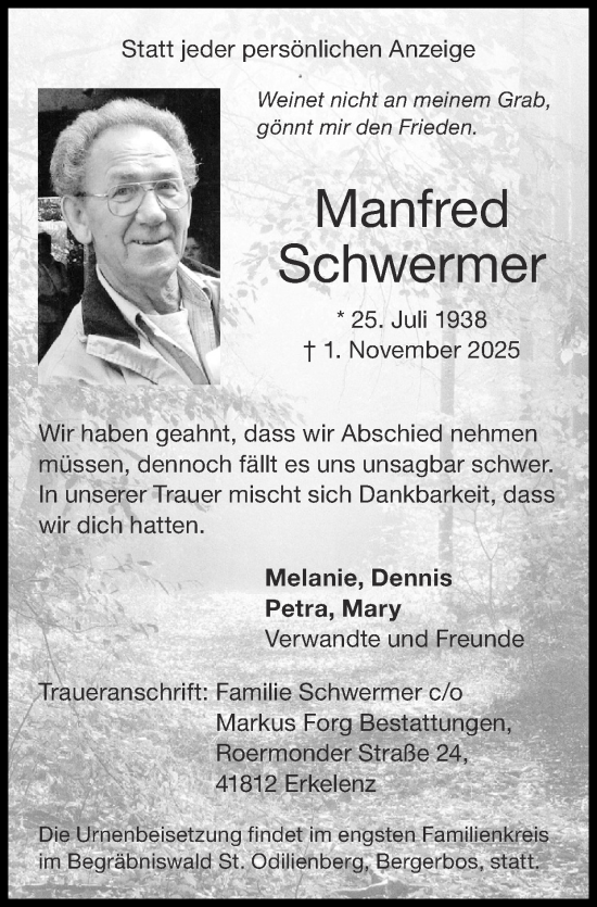 Traueranzeige von Manfred Schwermer von Zeitung am Sonntag