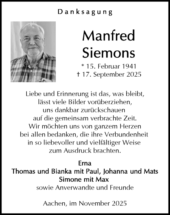 Traueranzeige von Manfred Siemons von Zeitung am Sonntag