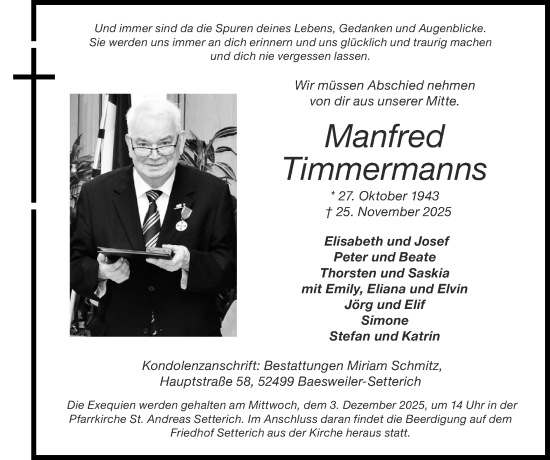 Traueranzeige von Manfred Timmermanns von Zeitung am Sonntag