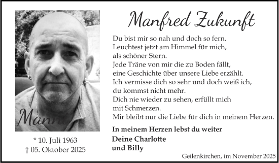 Traueranzeige von Manfred Zukunft von Zeitung am Sonntag