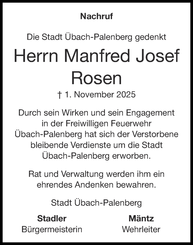  Traueranzeige für Manfred Josef Rosen vom 23.11.2025 aus Zeitung am Sonntag