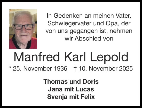 Traueranzeige von Manfred Karl Lepold von Zeitung am Sonntag