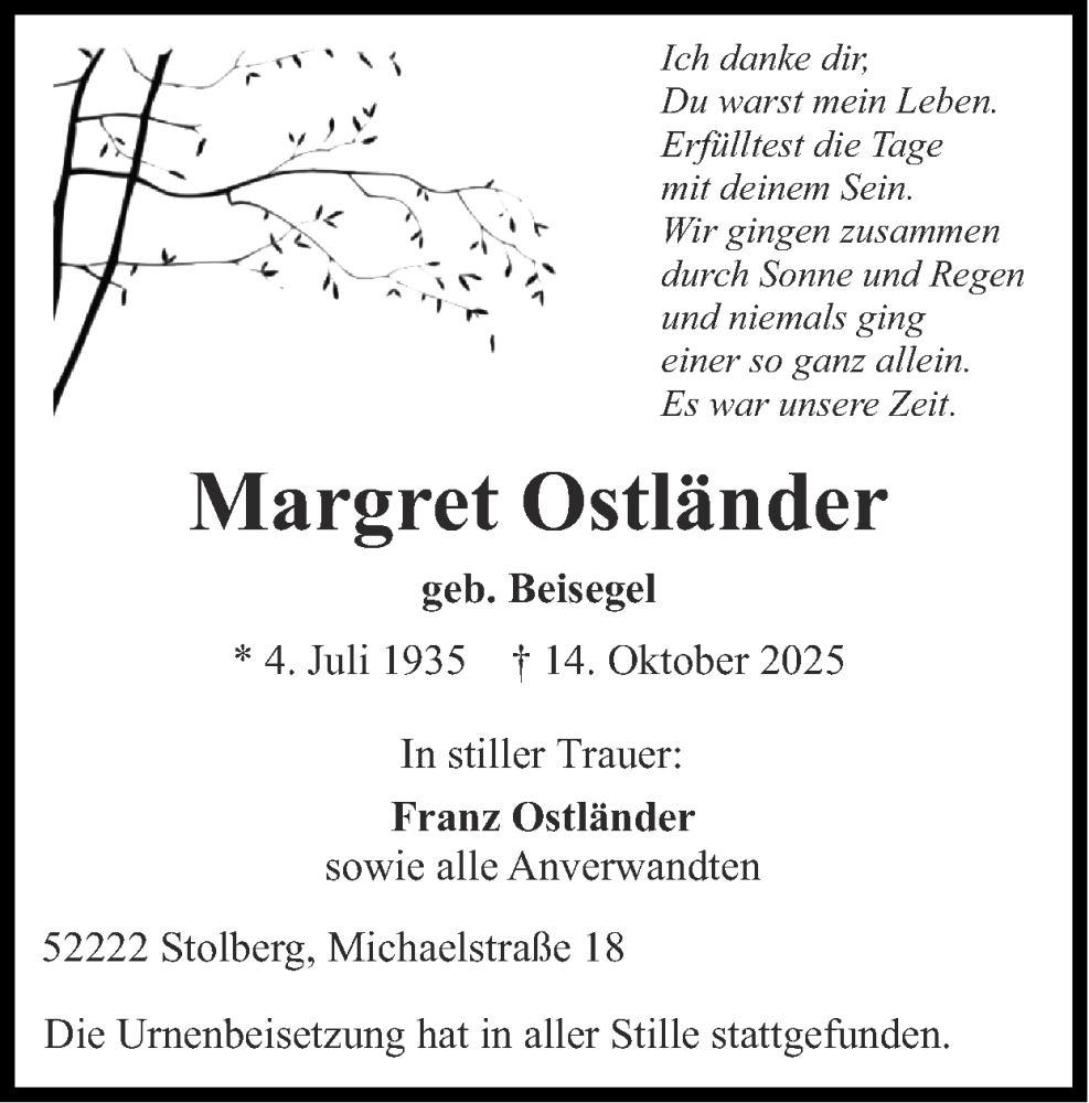  Traueranzeige für Margret Ostländer vom 23.11.2025 aus Zeitung am Sonntag