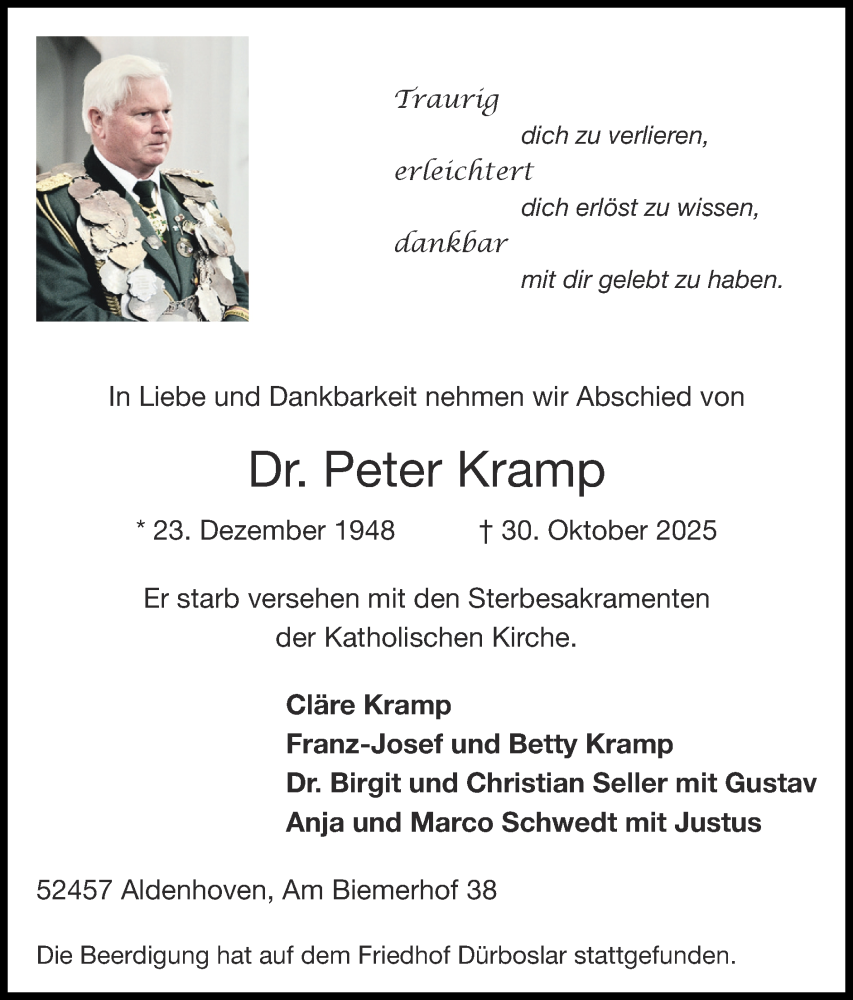  Traueranzeige für Peter Kramp vom 09.11.2025 aus Zeitung am Sonntag