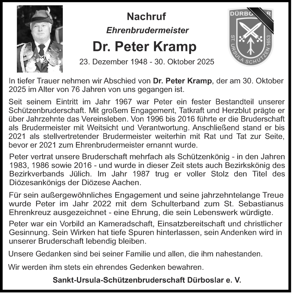  Traueranzeige für Peter Kramp vom 09.11.2025 aus Zeitung am Sonntag