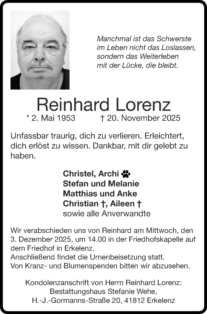  Traueranzeige für Reinhard Lorenz vom 30.11.2025 aus Zeitung am Sonntag