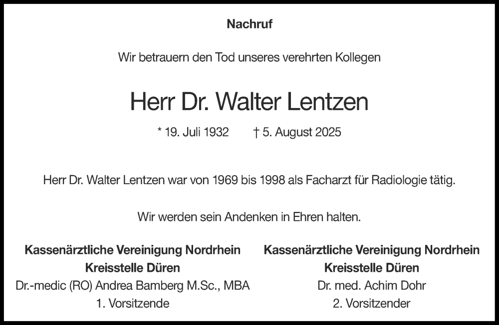 Traueranzeige für Walter Lentzen vom 08.11.2025 aus Aachener Zeitung