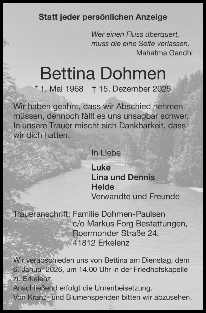  Traueranzeige für Bettina Dohmen vom 21.12.2025 aus Zeitung am Sonntag
