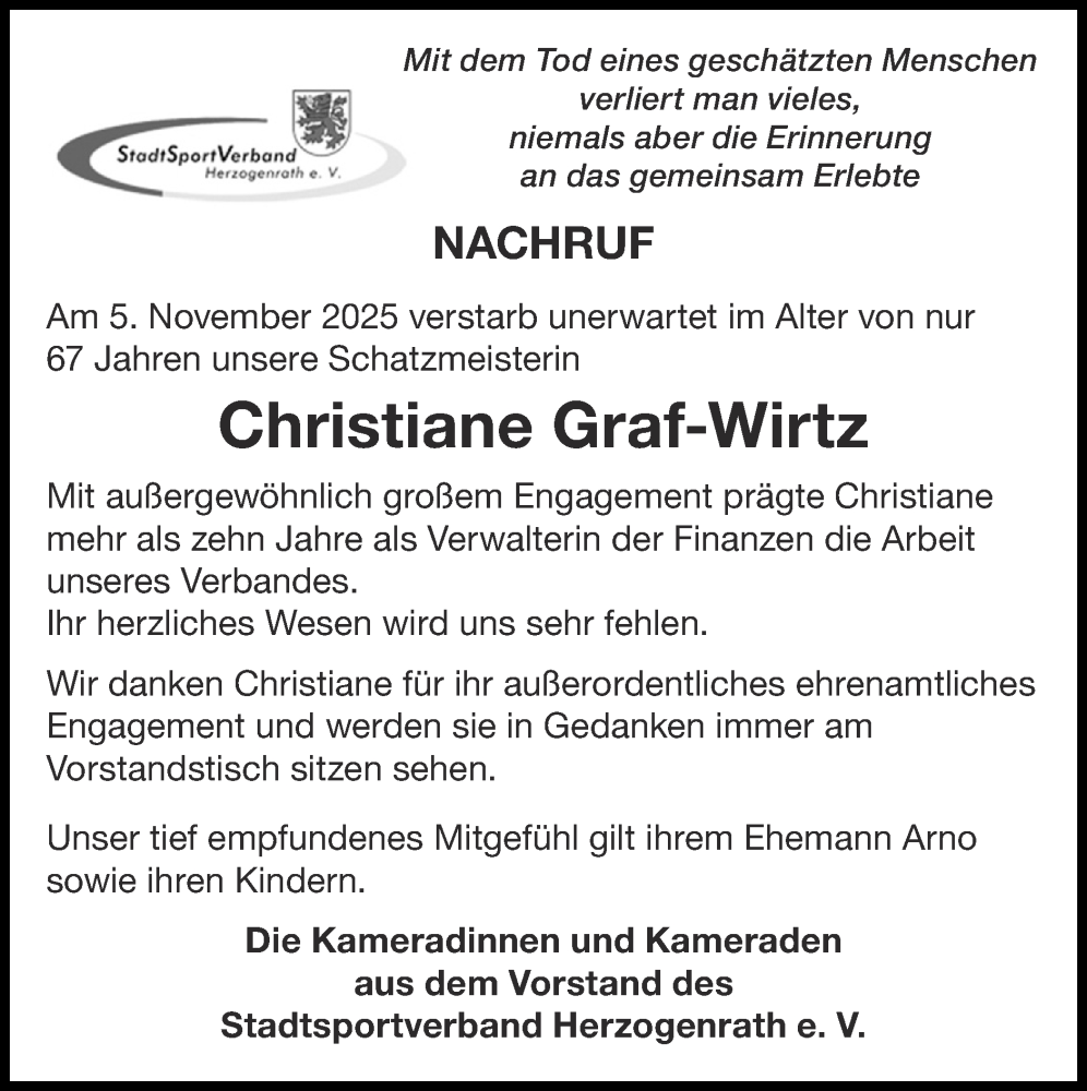  Traueranzeige für Christiane Graf-Wirtz vom 21.12.2025 aus Zeitung am Sonntag