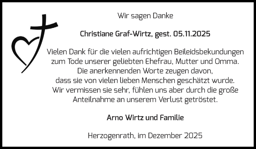  Traueranzeige für Christiane Graf-Wirtz vom 14.12.2025 aus Zeitung am Sonntag