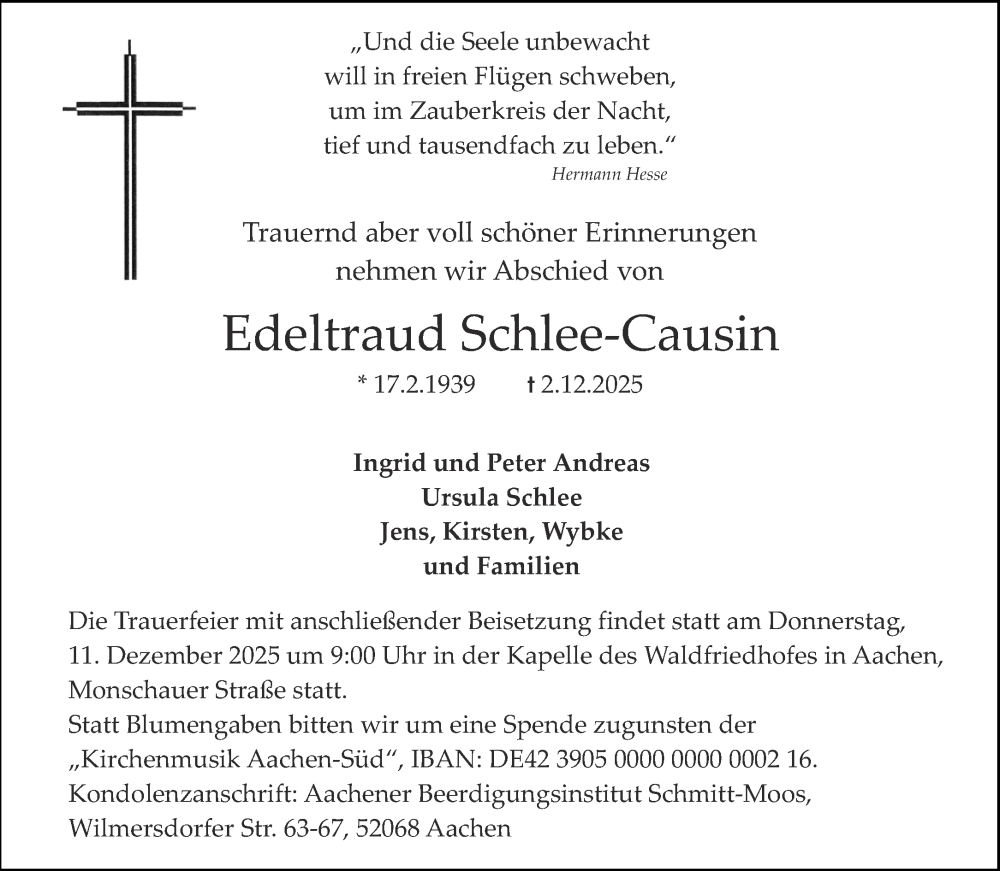  Traueranzeige für Edeltraud Schlee-Causin vom 10.12.2025 aus Aachener Zeitung