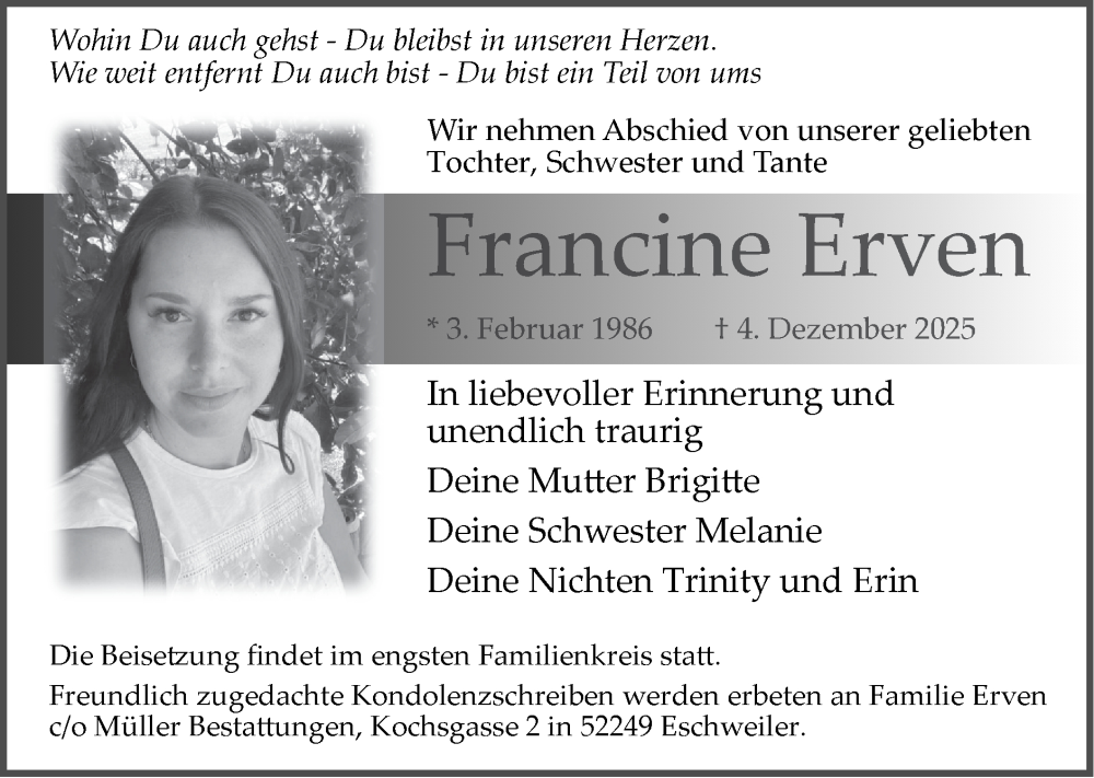  Traueranzeige für Francine Erven vom 14.12.2025 aus Zeitung am Sonntag