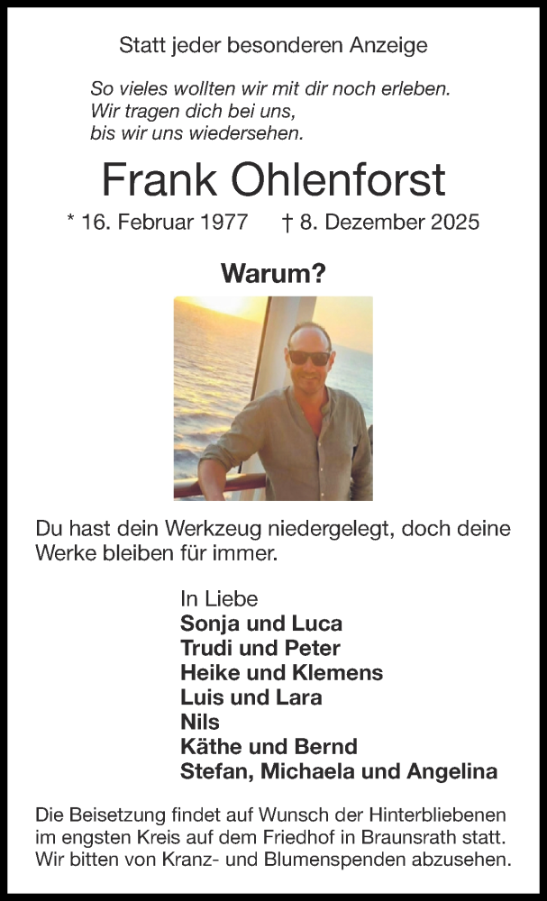  Traueranzeige für Frank Ohlenforst vom 14.12.2025 aus Zeitung am Sonntag