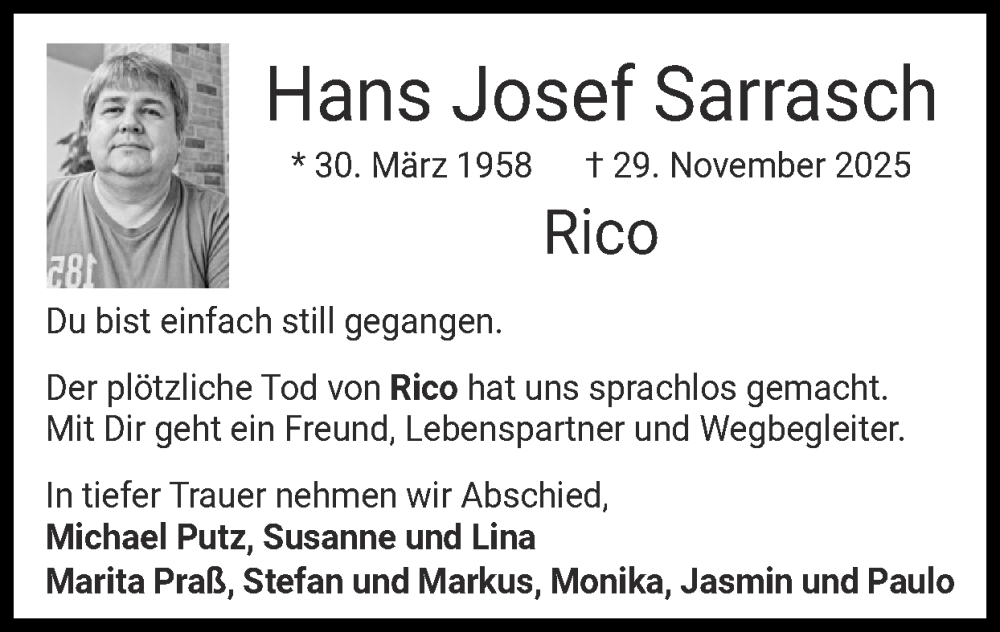  Traueranzeige für Hans Josef Sarrasch vom 14.12.2025 aus Zeitung am Sonntag