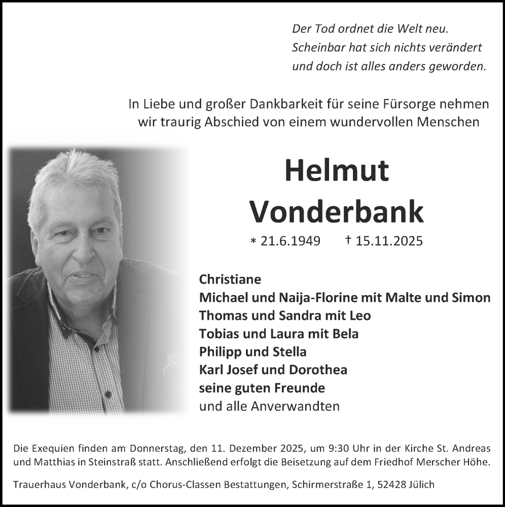  Traueranzeige für Helmut Vonderbank vom 07.12.2025 aus Zeitung am Sonntag