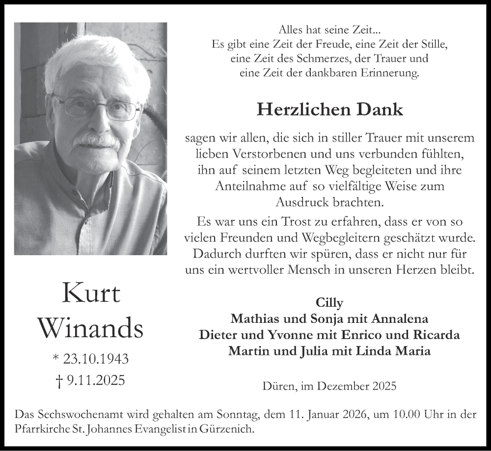  Traueranzeige für Kurt Winands vom 28.12.2025 aus Zeitung am Sonntag
