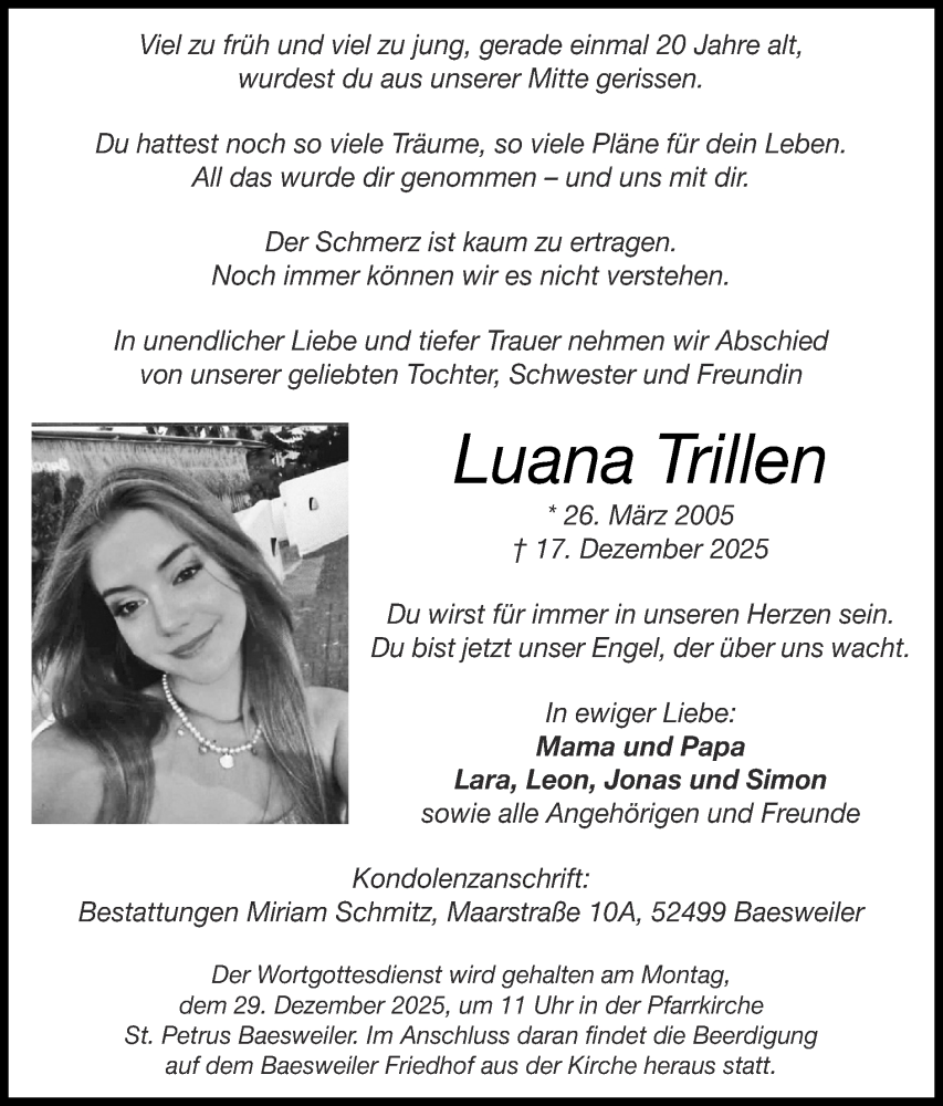  Traueranzeige für Luana Trillen vom 28.12.2025 aus Zeitung am Sonntag
