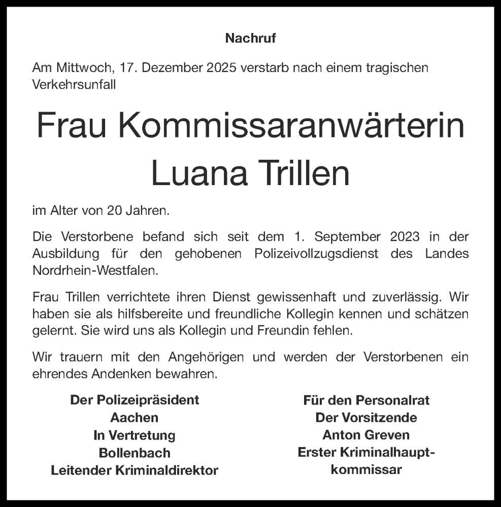  Traueranzeige für Luana Trillen vom 28.12.2025 aus Zeitung am Sonntag