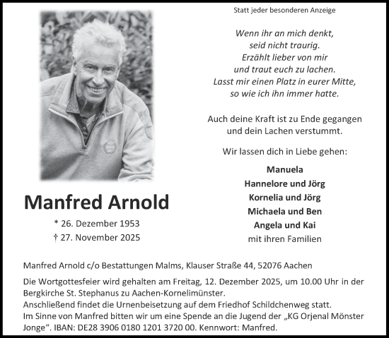 Traueranzeige von Manfred Arnold von Aachener Zeitung