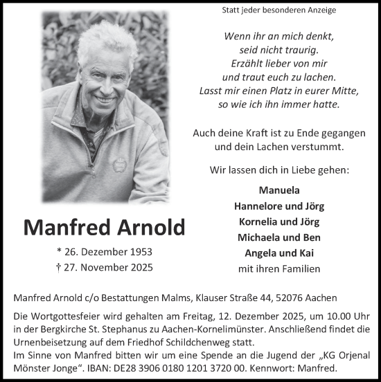 Traueranzeige von Manfred Arnold von Zeitung am Sonntag