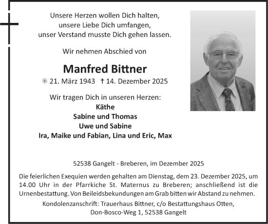 Traueranzeige von Manfred Bittner von Zeitung am Sonntag