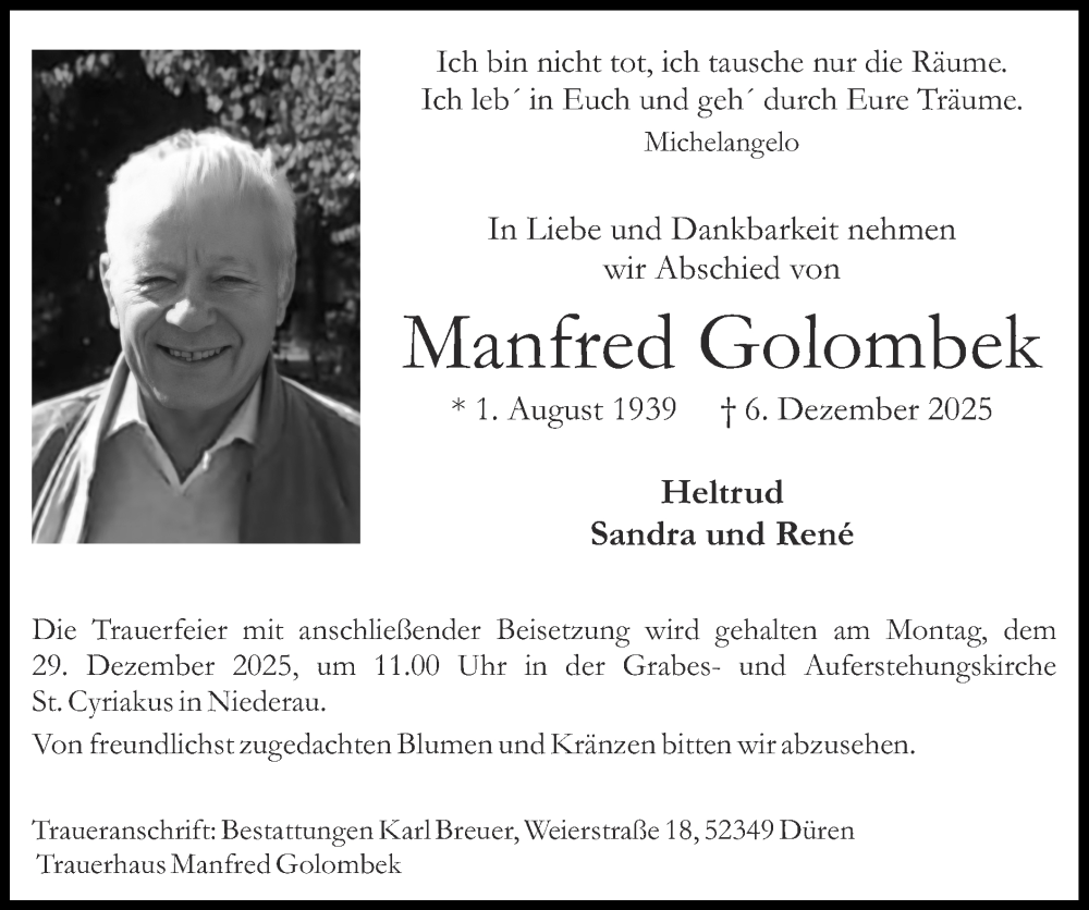  Traueranzeige für Manfred Golombek vom 21.12.2025 aus Zeitung am Sonntag