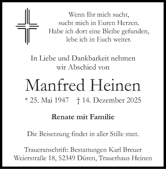 Traueranzeige von Manfred Heinen von Zeitung am Sonntag