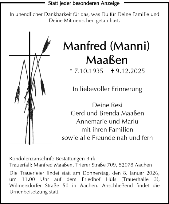 Traueranzeige von Manfred Maaßen von Aachener Zeitung
