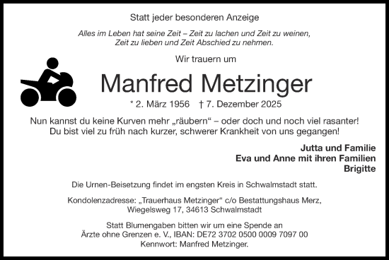 Traueranzeige von Manfred Metzinger von Zeitung am Sonntag