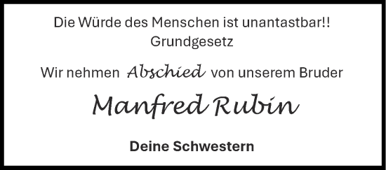 Traueranzeige von Manfred Rubin von Zeitung am Sonntag