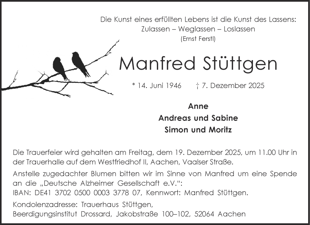  Traueranzeige für Manfred Stüttgen vom 13.12.2025 aus Aachener Zeitung